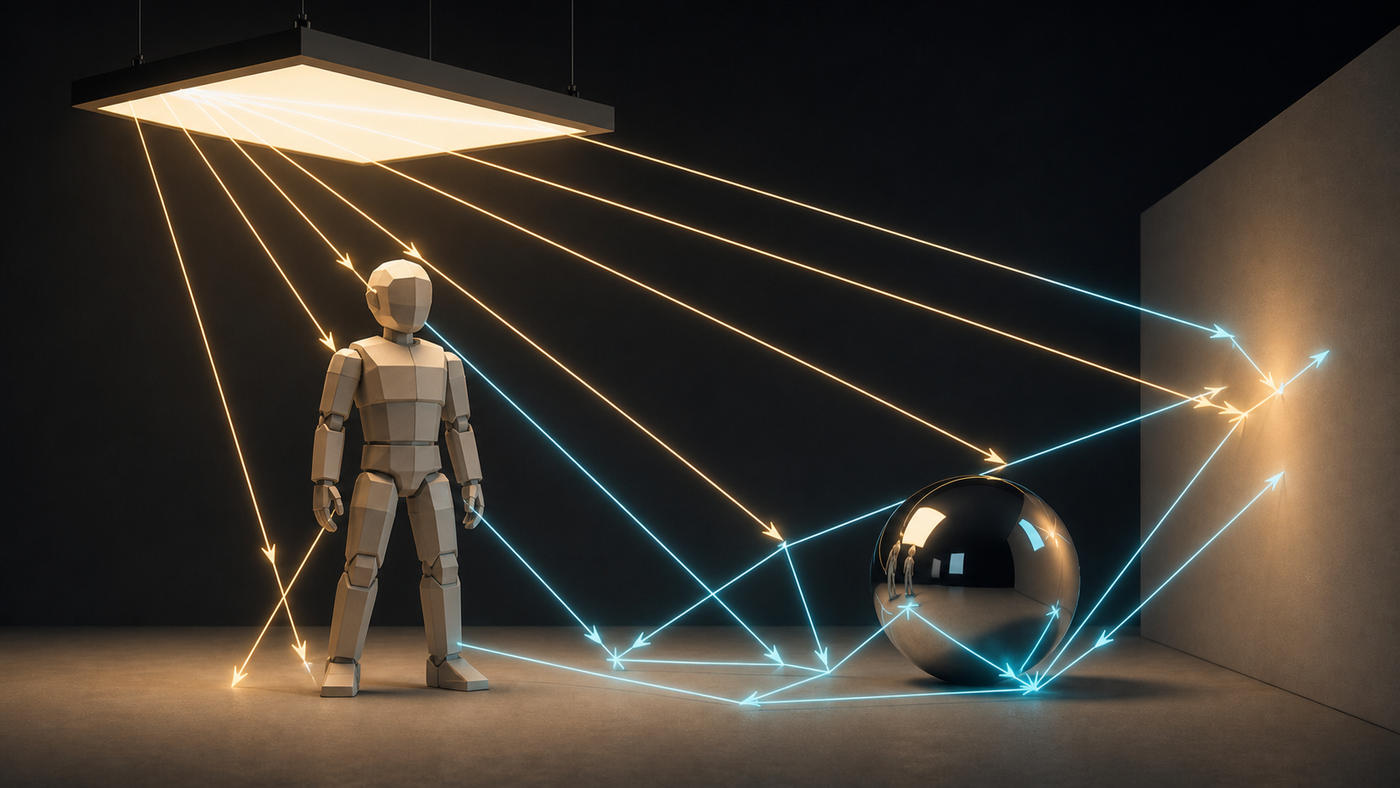 Rayos de luz rebotando dentro de una escena 3D